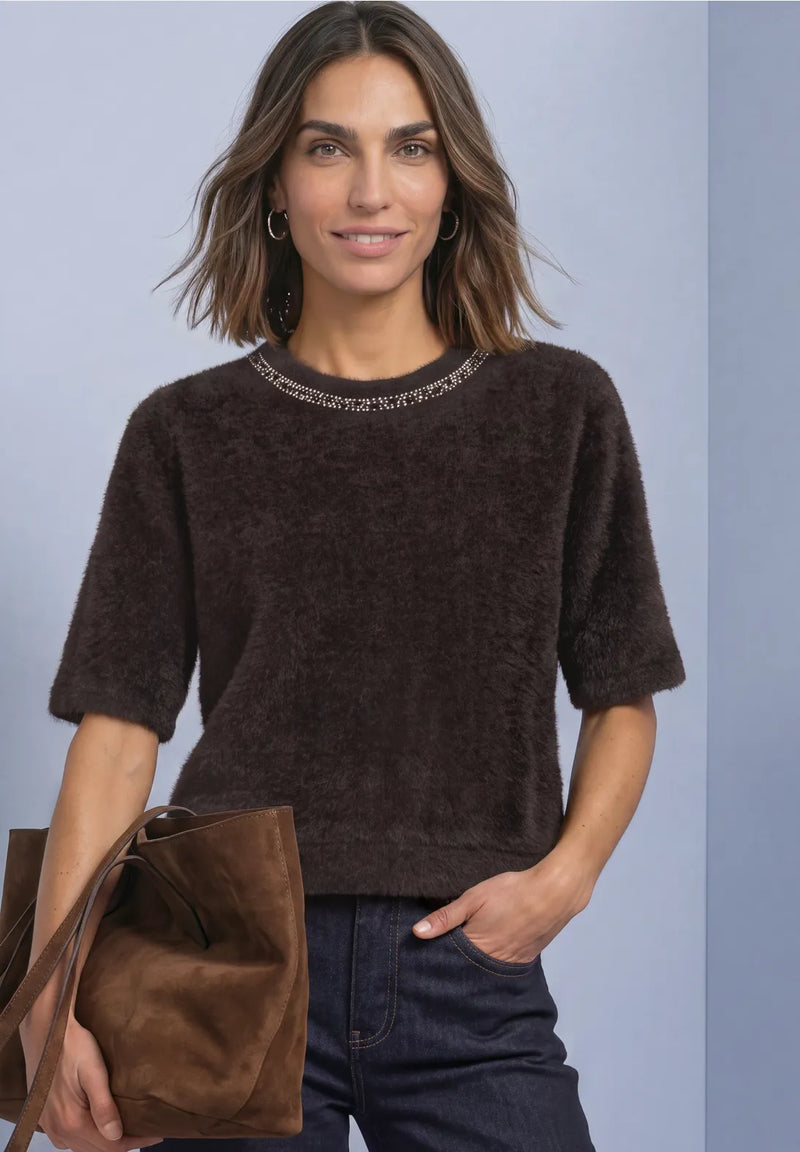 Street One Fluffy Knit Top With Rhinestones Neckline | Coffee 325854