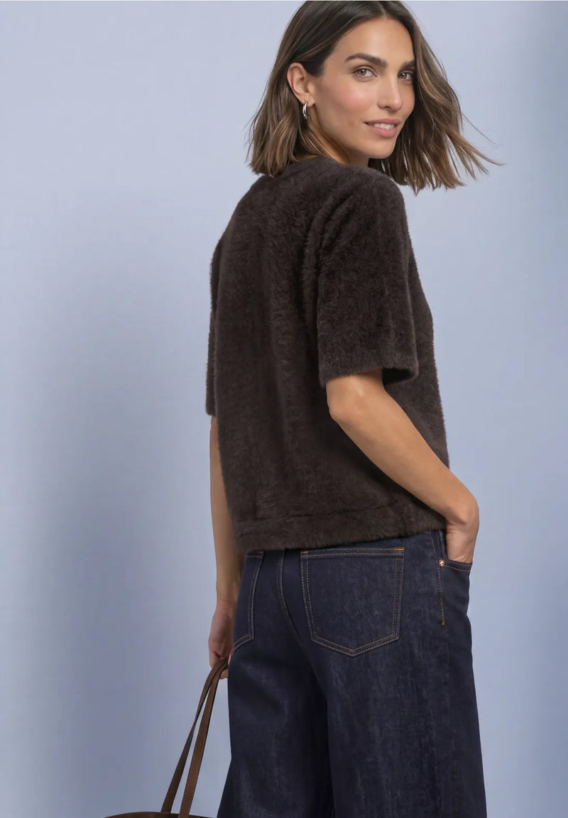 Street One Fluffy Knit Top With Rhinestones Neckline | Coffee 325854
