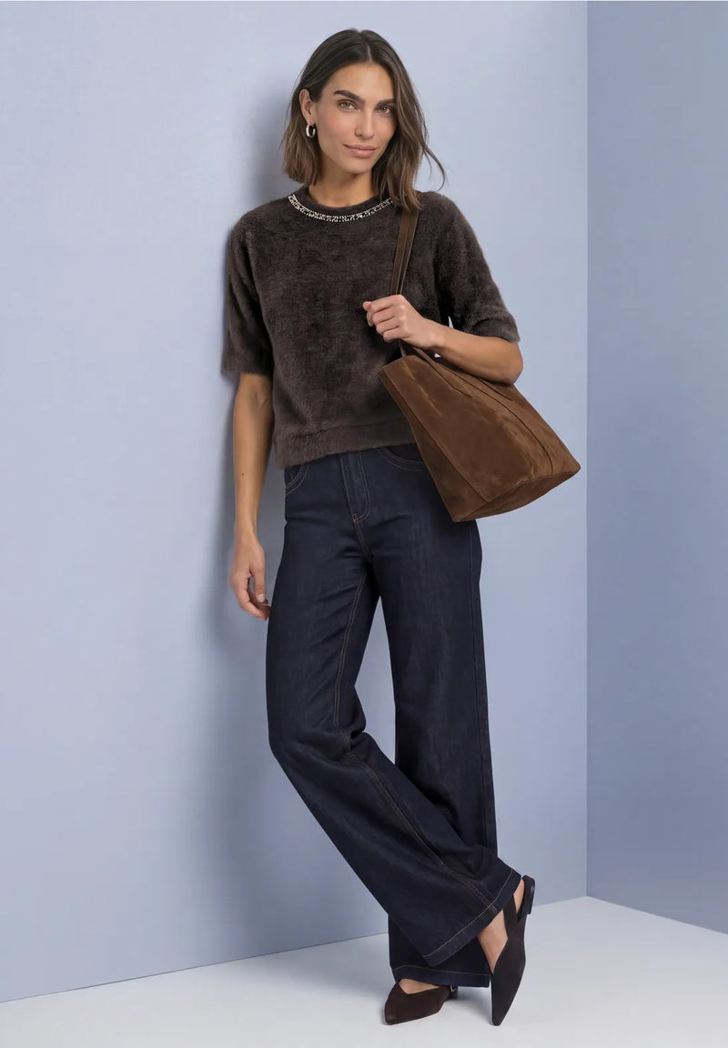 Street One Fluffy Knit Top With Rhinestones Neckline | Coffee 325854