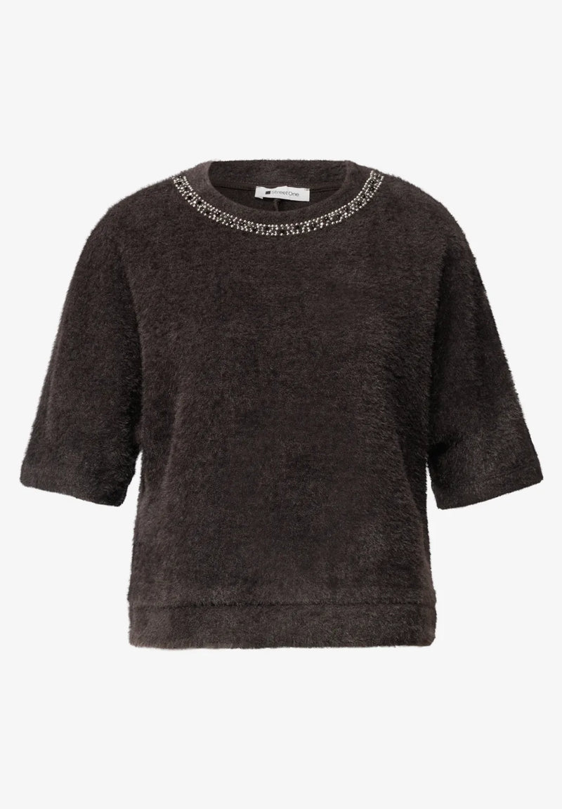 Street One Fluffy Knit Top With Rhinestones Neckline | Coffee 325854