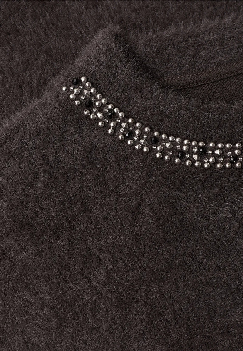 Street One Fluffy Knit Top With Rhinestones Neckline | Coffee 325854
