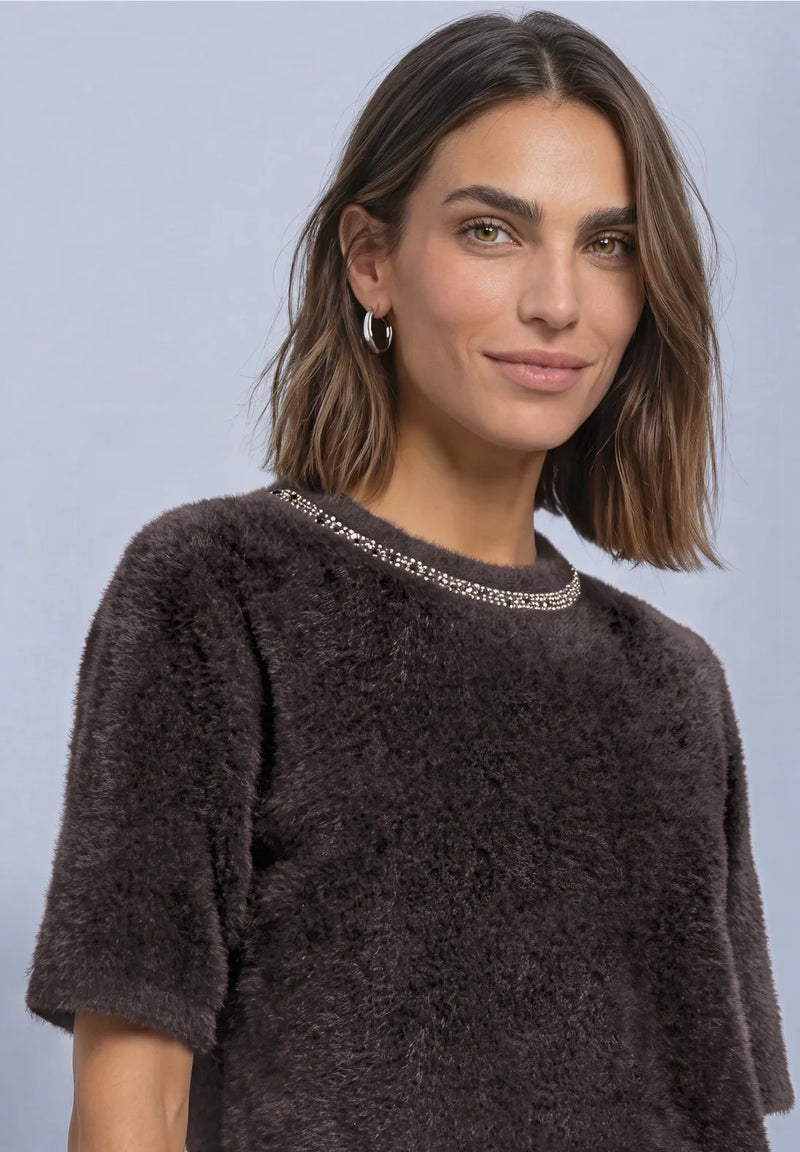 Street One Fluffy Knit Top With Rhinestones Neckline | Coffee 325854