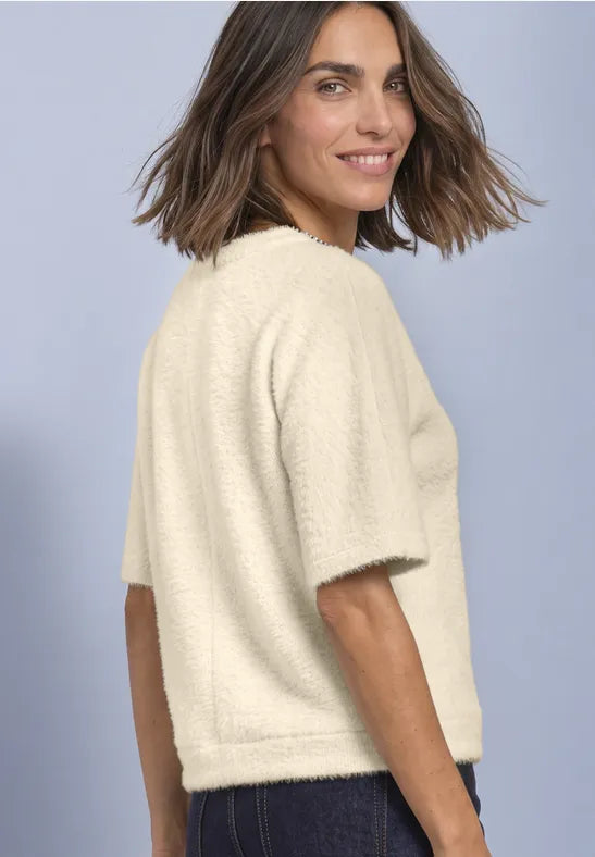 Street One Fluffy Knit Top With Rhinestones Neckline | Beige 325854