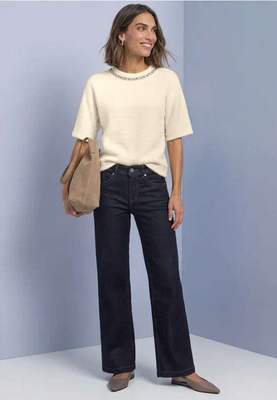 Street One Fluffy Knit Top With Rhinestones Neckline | Beige 325854