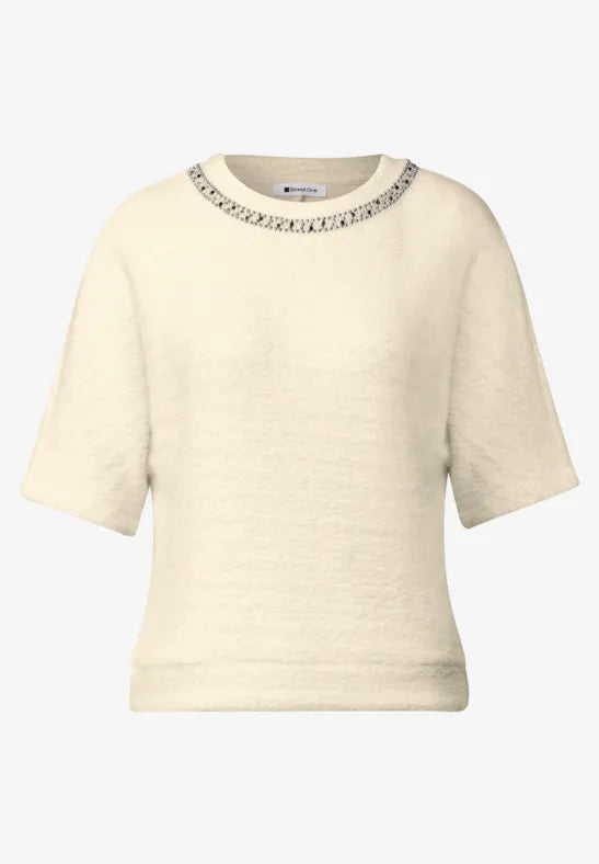 Street One Fluffy Knit Top With Rhinestones Neckline | Beige 325854
