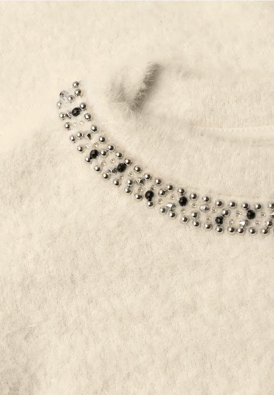Street One Fluffy Knit Top With Rhinestones Neckline | Beige 325854