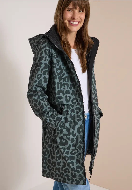 CECIL Softshell Animal Print Hooded Zip Coat | Khaki 101456