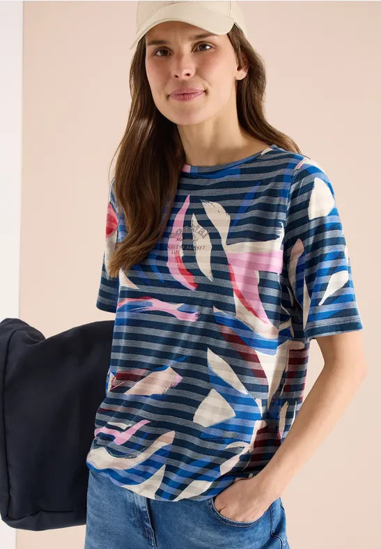 CECIL Short Sleeved Shirt With Burnout Stripes  | Blue 325033