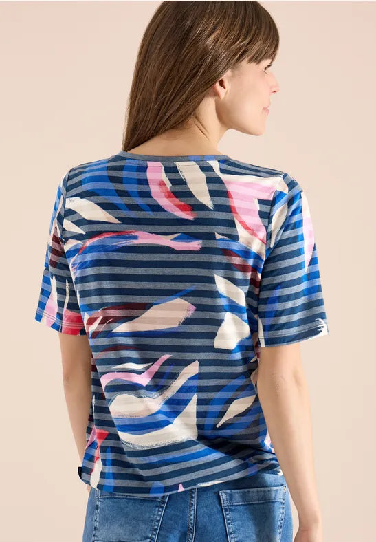 CECIL Short Sleeved Shirt With Burnout Stripes  | Blue 325033