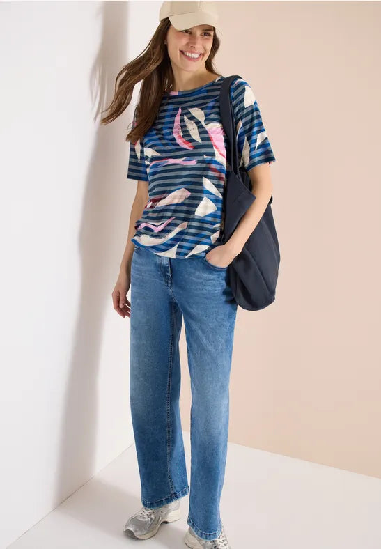 CECIL Short Sleeved Shirt With Burnout Stripes  | Blue 325033