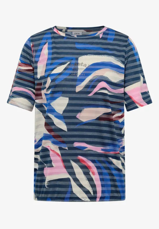 CECIL Short Sleeved Shirt With Burnout Stripes  | Blue 325033