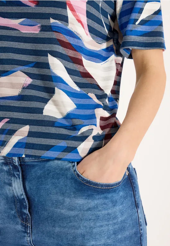 CECIL Short Sleeved Shirt With Burnout Stripes  | Blue 325033
