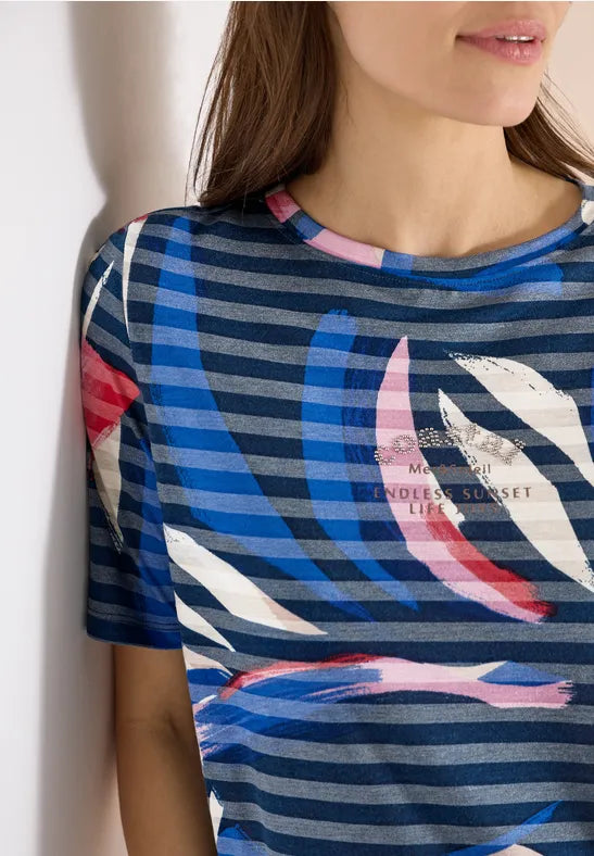 CECIL Short Sleeved Shirt With Burnout Stripes  | Blue 325033
