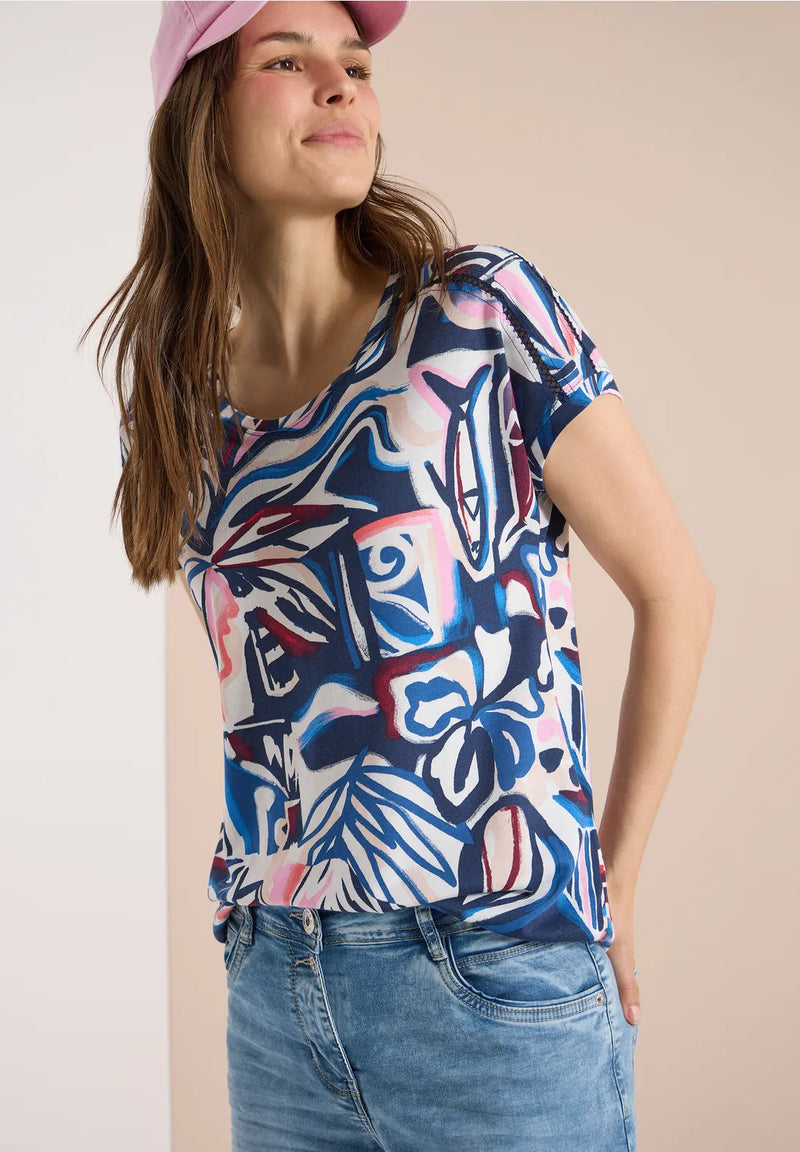 CECIL Short-Sleeved Shirt With Lace Detail | Blue 325042