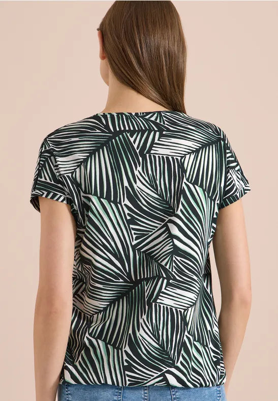 CECIL Lace Shoulder All Over Print T-Shirt | Green 325279