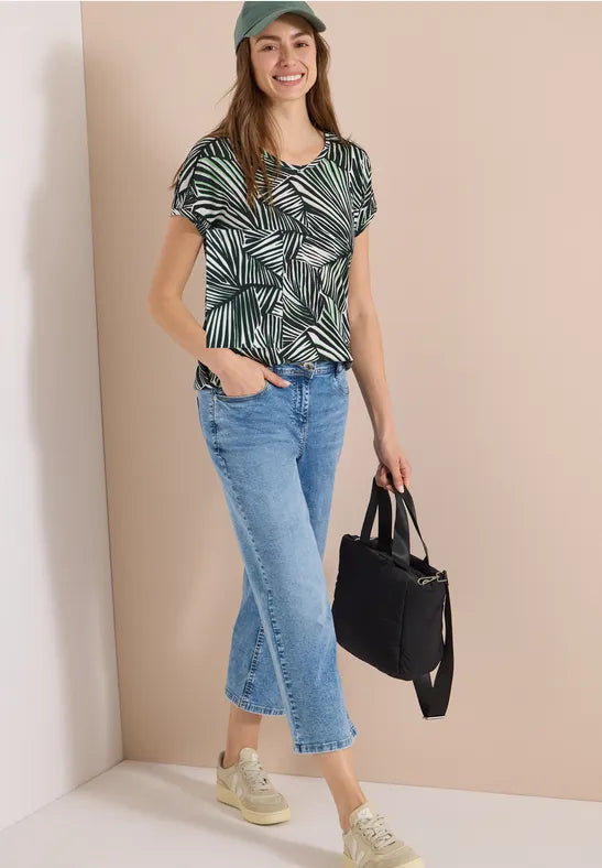 CECIL Lace Shoulder All Over Print T-Shirt | Green 325279