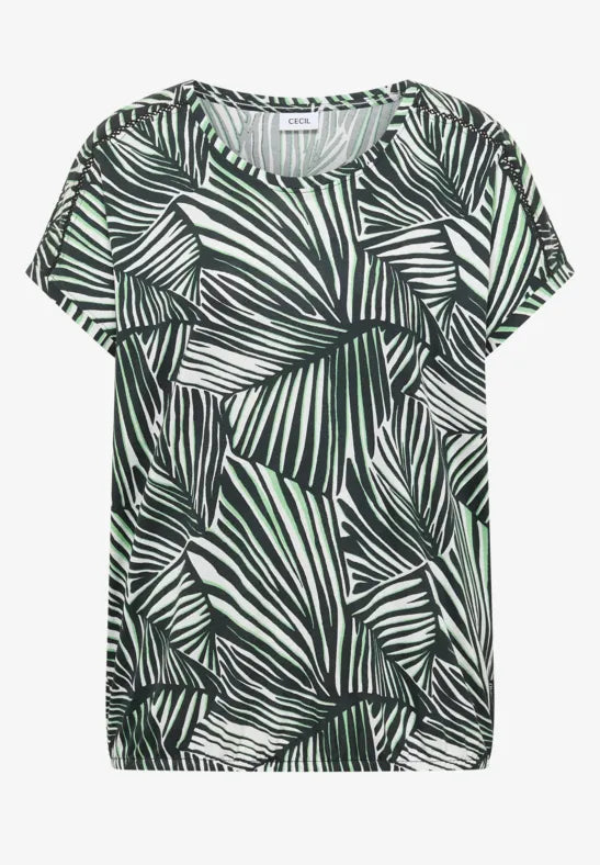 CECIL Lace Shoulder All Over Print T-Shirt | Green 325279