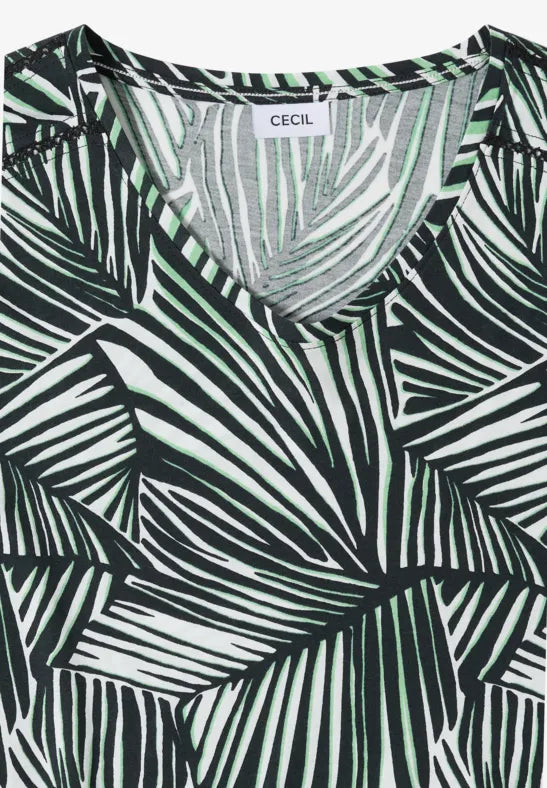 CECIL Lace Shoulder All Over Print T-Shirt | Green 325279
