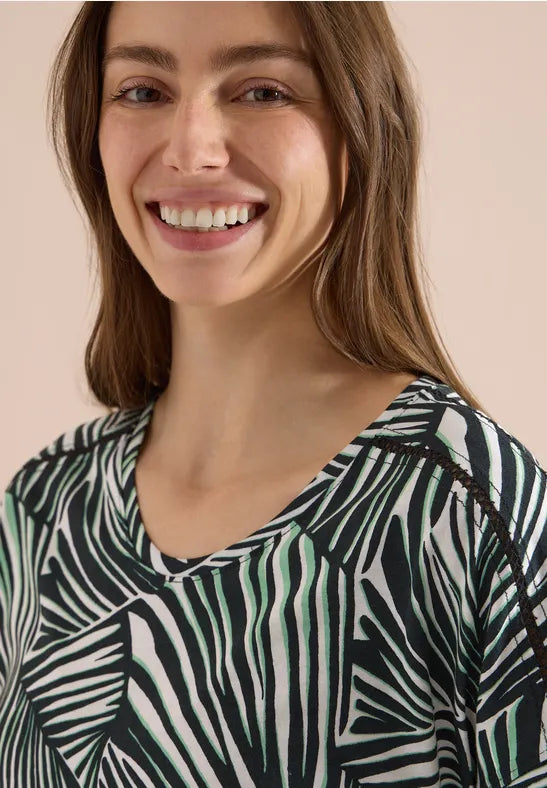 CECIL Lace Shoulder All Over Print T-Shirt | Green 325279