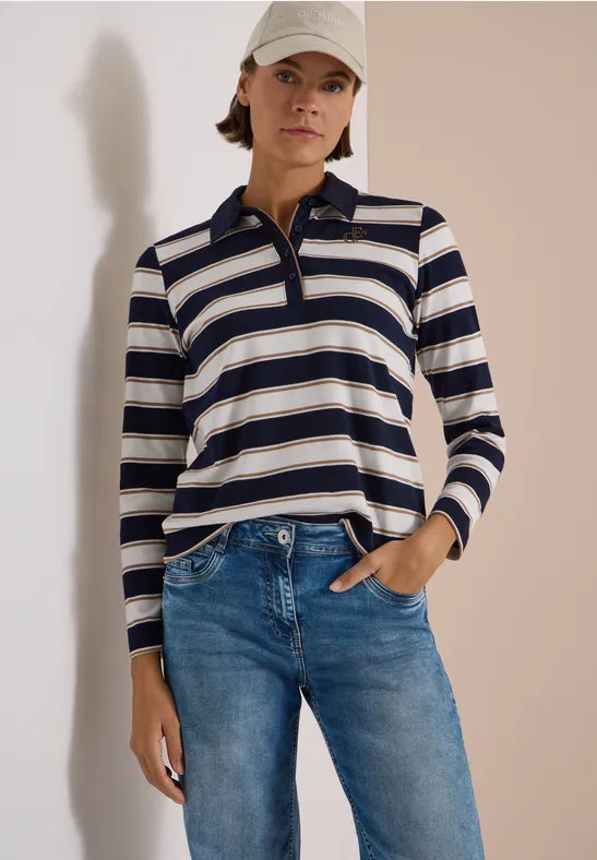 Cecil Striped Cotton Polo Jersey Shirt | Dark Blue 325892