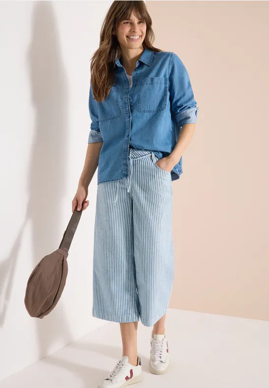 CECIL Wide Flared Leg Stripe Jeans| Med Blue 380795