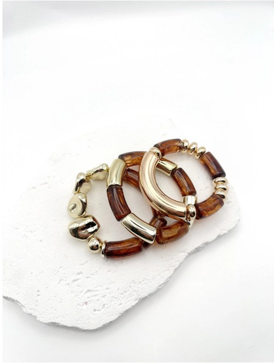 H&T Bijoux Acrylic Elastic Bracelet Set Of 3 | Brown BR3055