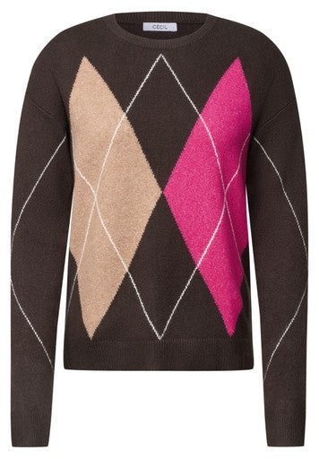 Cecil Big Argyle Cosy Round Neck Sweater | Truffle/Pink 304174