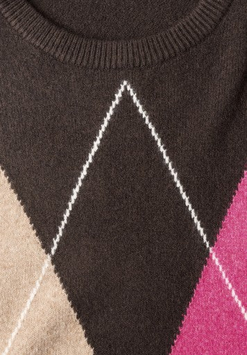 Cecil Big Argyle Cosy Round Neck Sweater | Truffle/Pink 304174