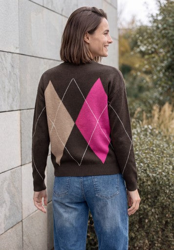 Cecil Big Argyle Cosy Round Neck Sweater | Truffle/Pink 304174