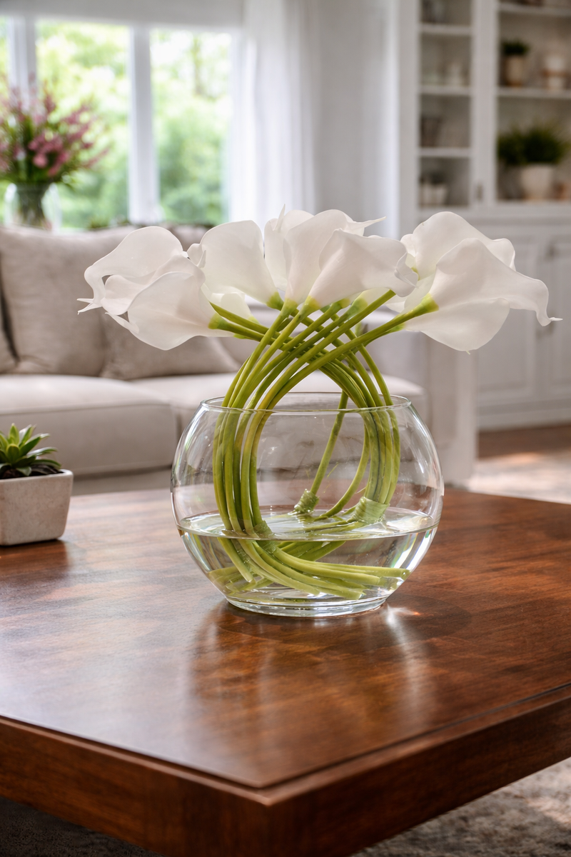 TARA Calla Lily Arrangement in Round Glass Vase with Faux Water| TL7438