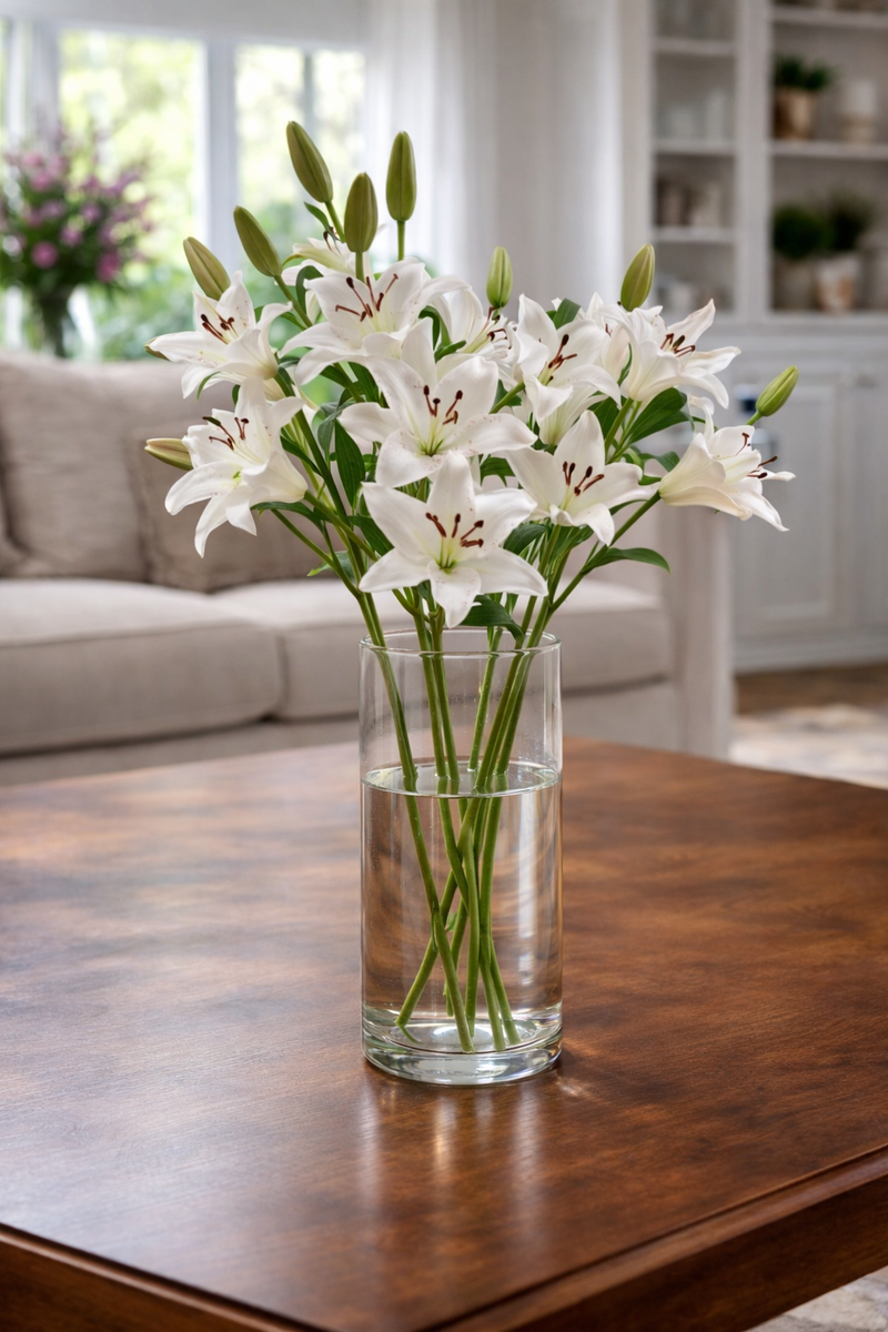 Tara White Asiatic Lily Arrangement in Cylinder Glass Vase | Faux Water TL7441