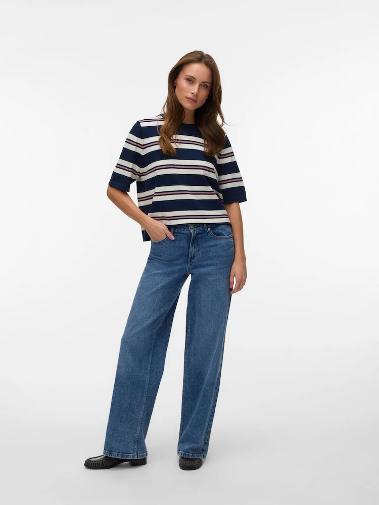 Vero Moda Silje 2/4 Oversized Round Neck Knitted Pullover | Navy