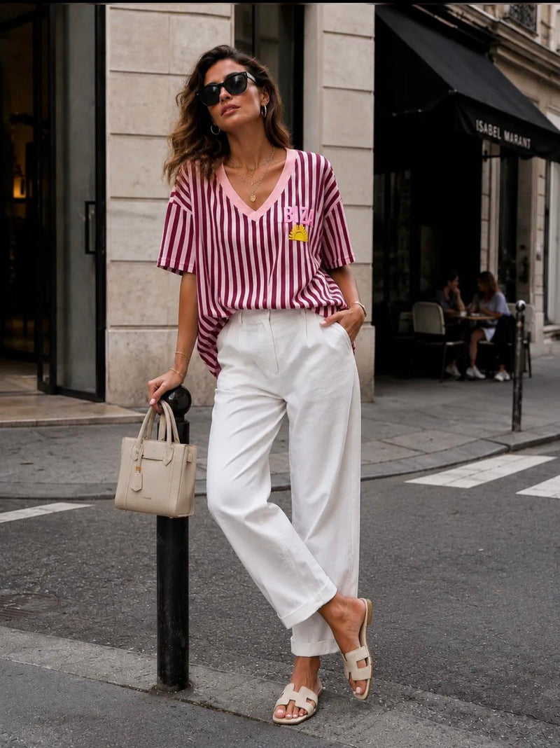 Emma & Ashley Ibiza Striped V-Neck T-Shirt | Wine/ pink TE517