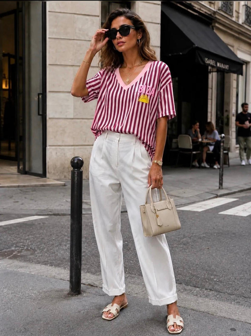 Emma & Ashley Ibiza Striped V-Neck T-Shirt | Wine/ pink TE517