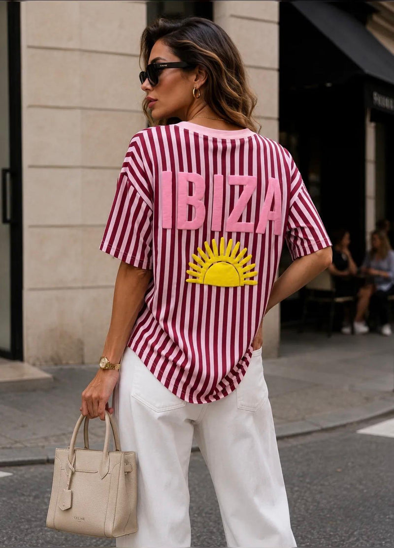 Emma & Ashley Ibiza Striped V-Neck T-Shirt | Wine/ pink TE517