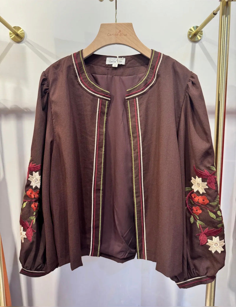 Cerise Blue Abbie Floral Embroidered Jacket | Chocolate T2028