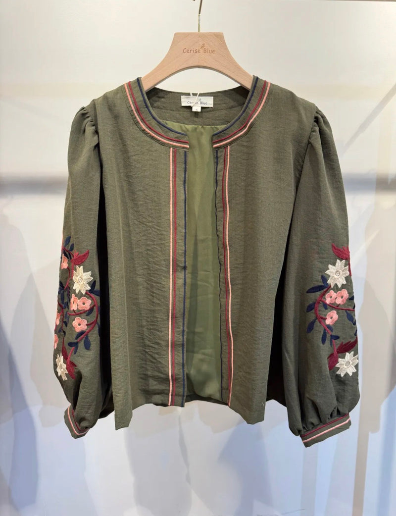 Cerise Blue Abbie Floral Embroidered Jacket | Khaki T2028