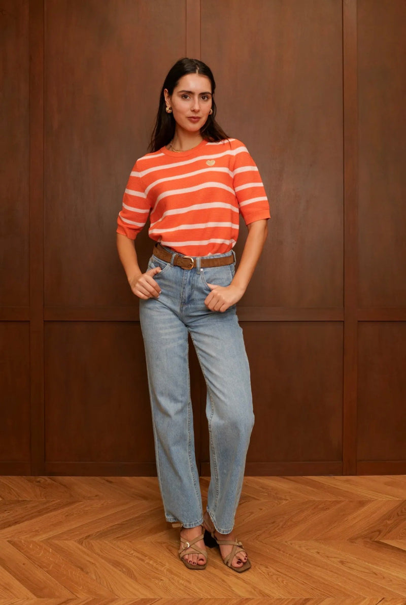 Jubylee Rayure SS Kint Top | Orange B6325