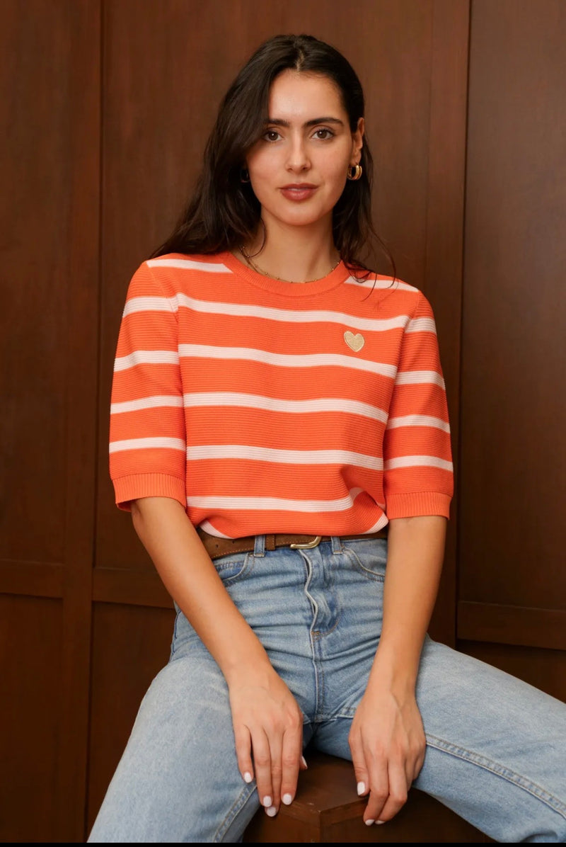 Jubylee Rayure SS Kint Top | Orange B6325