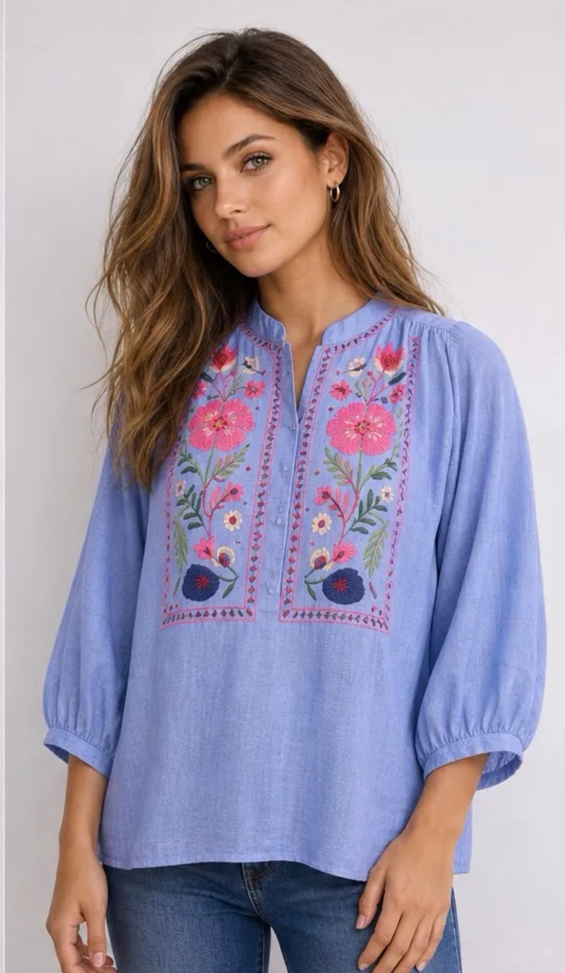 JS Millennium Floral Embroidered Pipper Blouse | Blue 3886