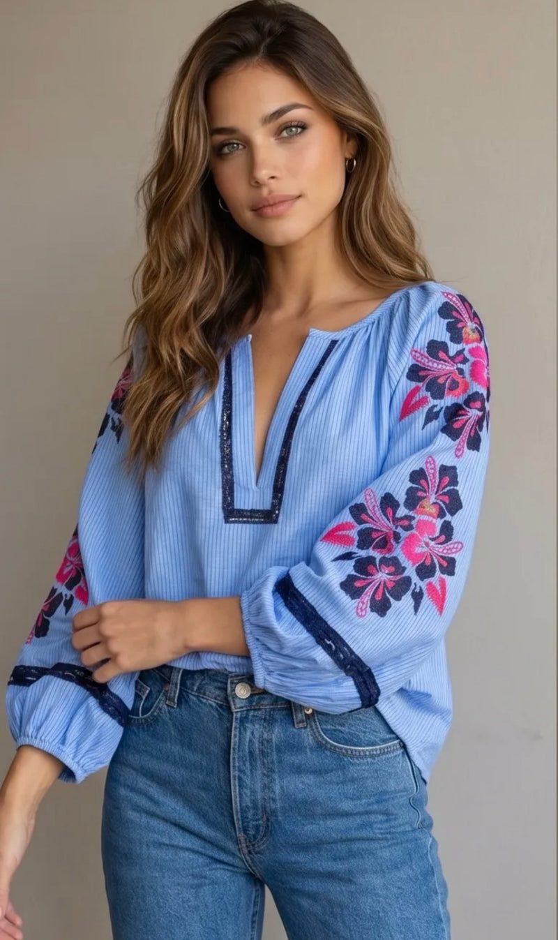 JS Millennium Charlotte Embroidered Floral Blouse | Light Blue 3776