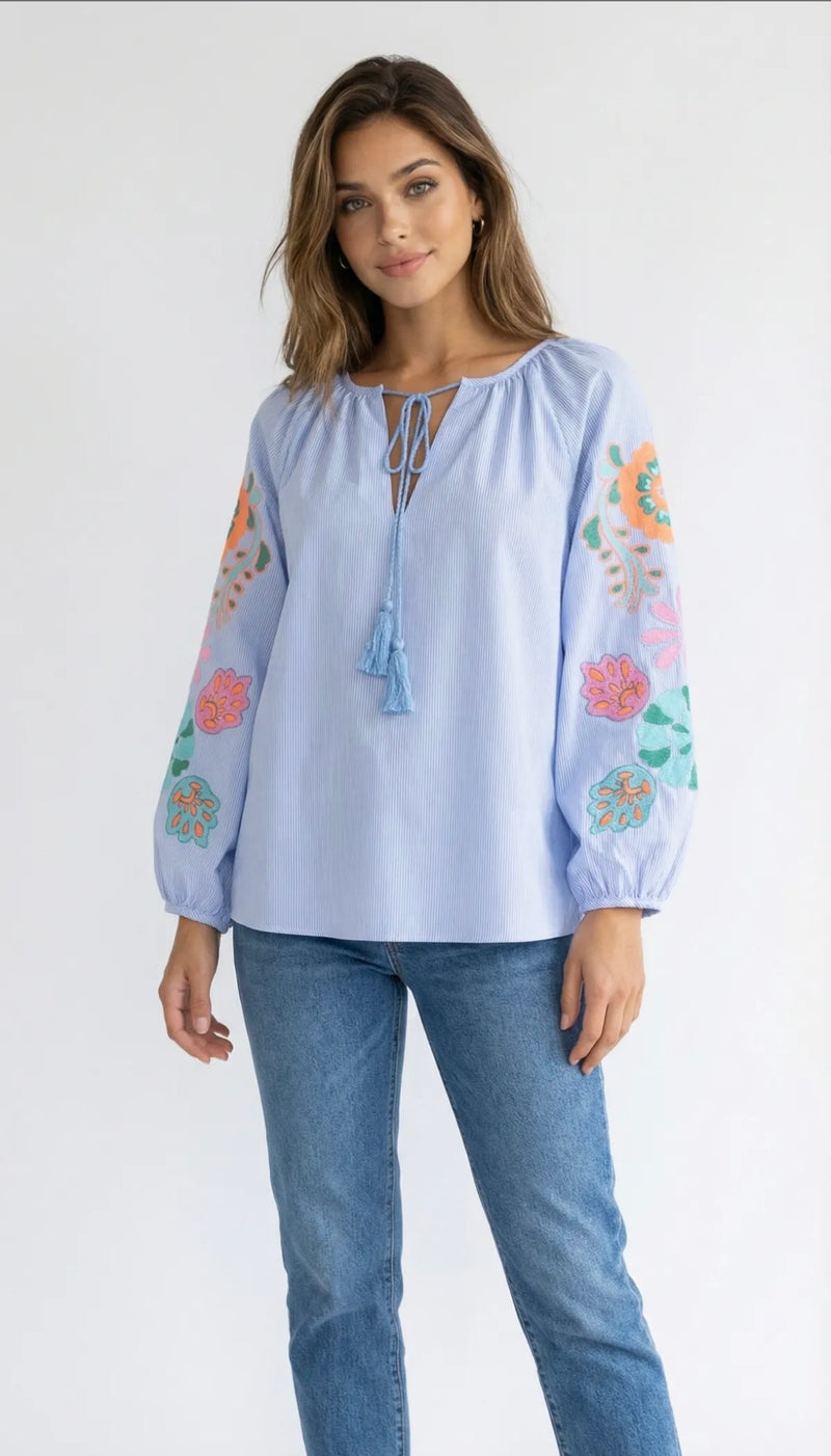 JS Millennium  Olivia Embroidered Floral Blouse | Light Blue 3692