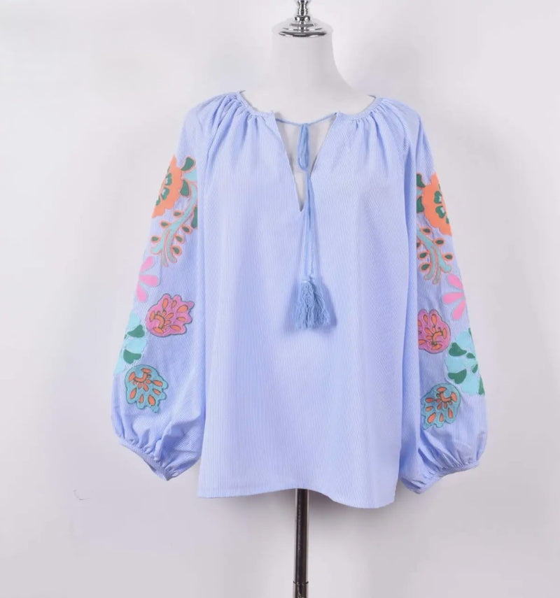 JS Millennium  Olivia Embroidered Floral Blouse | Light Blue 3692