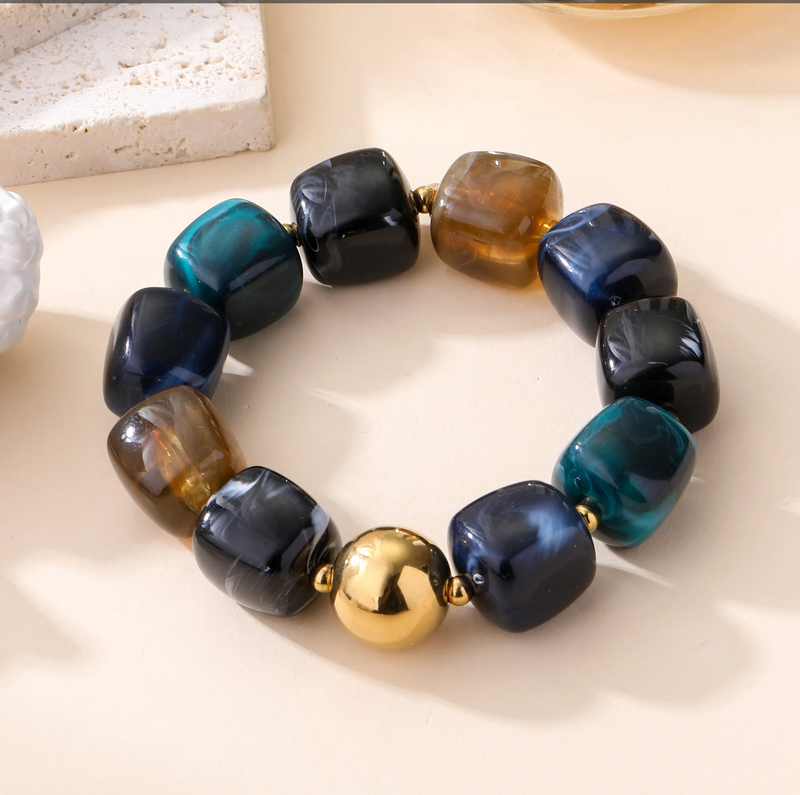 Lovelike Chunky Marbled Square Bead Stretch Bracelet | Navy L03-1063