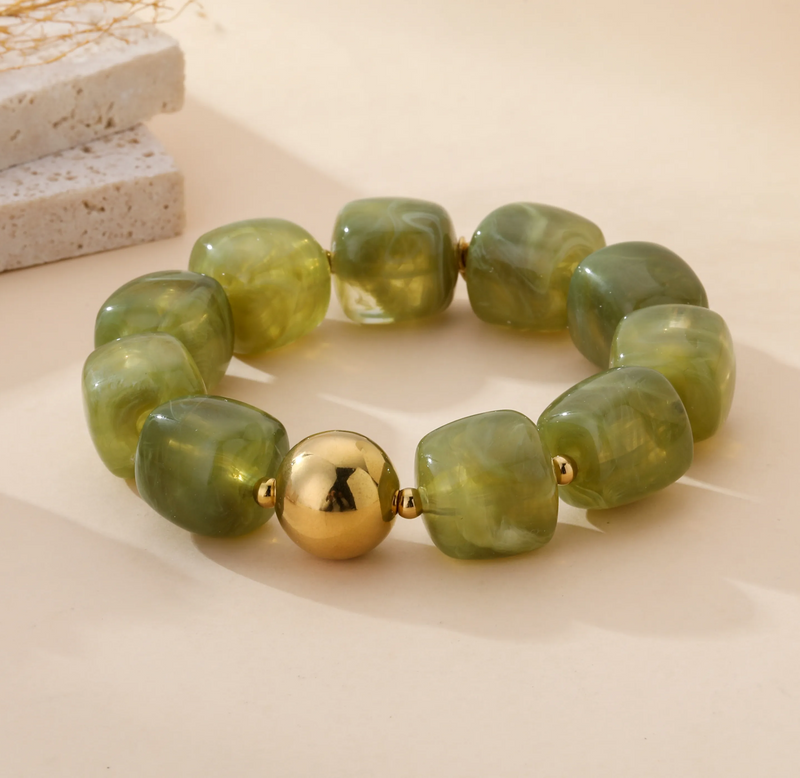 Lovelike Chunky Marbled Square Bead Stretch Bracelet | Green L03-1063