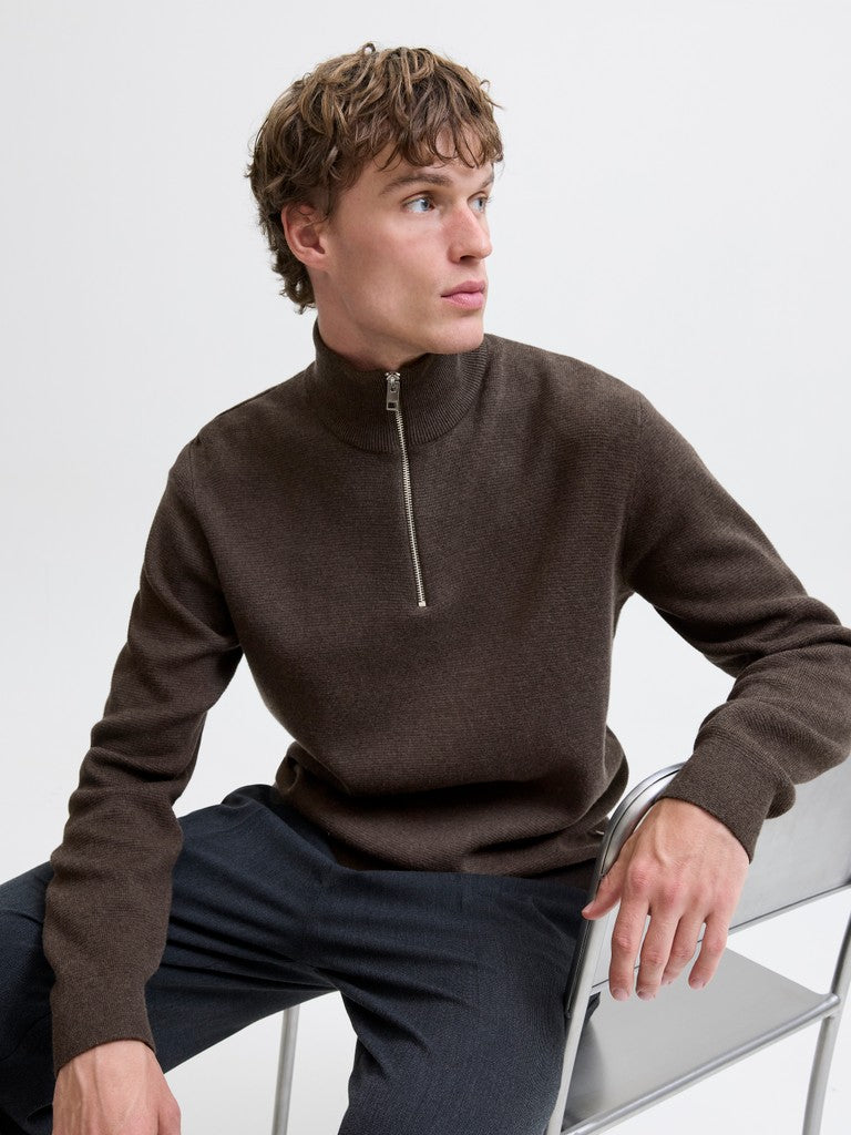 Jack & Jones Milano Stitch Half-Zip Knitted Pullover | Brown