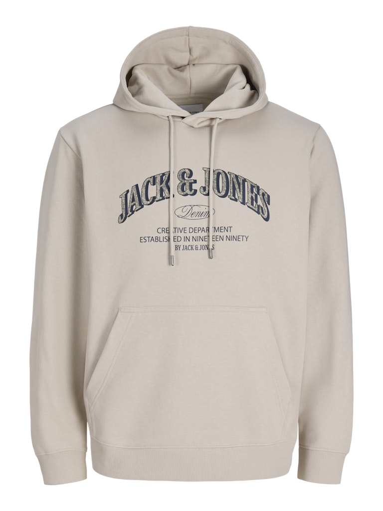Jack & Jones Denim logo hoodie in moonbeam - front view on model