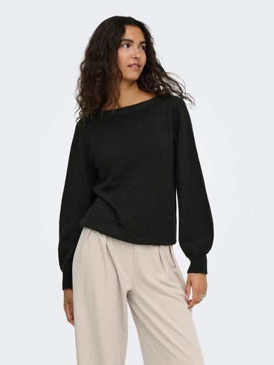 JDY Rue Glitter Long Sleeve Boat Pullover | Black 15330648