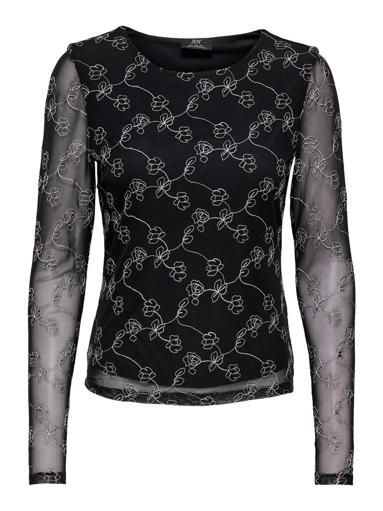 JDY Lemon L/S Floral Embroidered Mesh Long Sleeve Top | Black