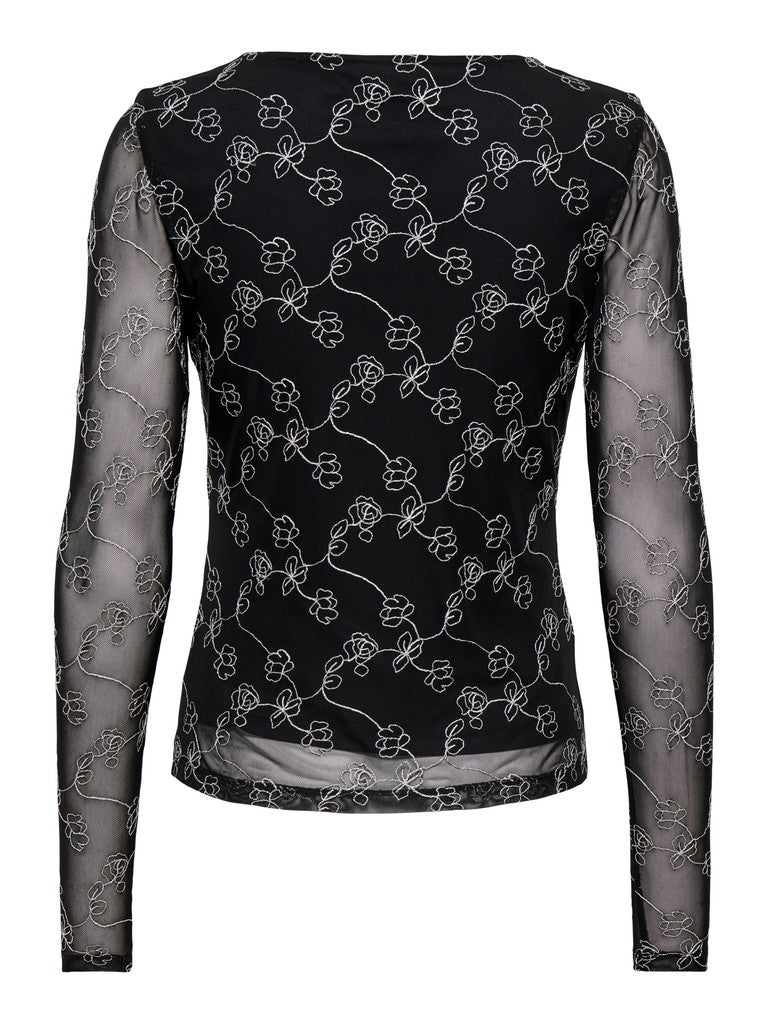JDY Lemon L/S Floral Embroidered Mesh Long Sleeve Top | Black